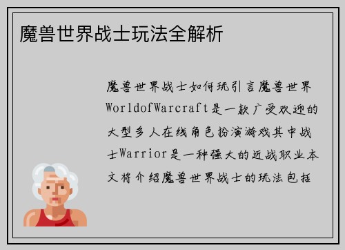 魔兽世界战士玩法全解析